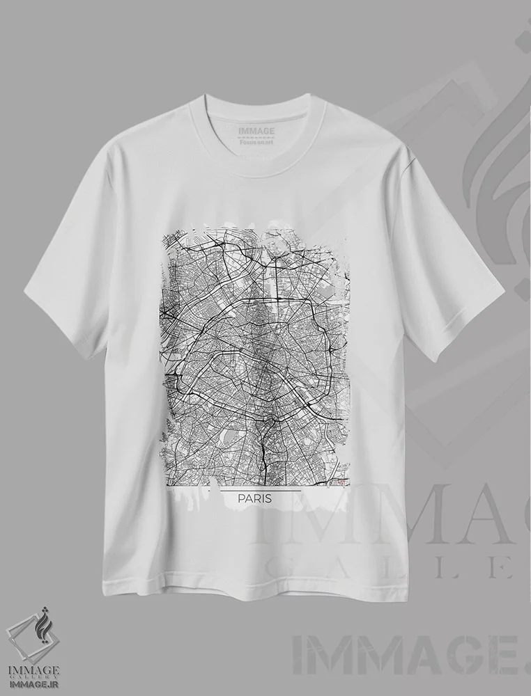 تیشرت سفید طرح دار نقشه شهری مینیمال پاریس، هنر دیجیتال اثر هوبرت روگوسکی | immage.ir