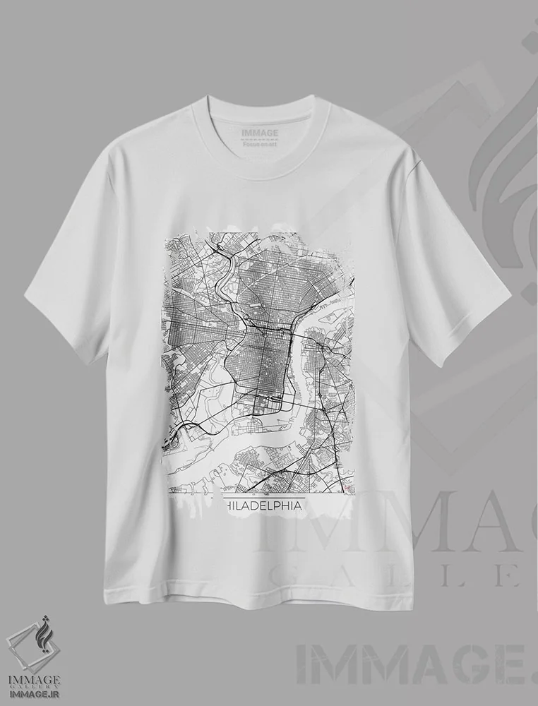 تیشرت سفید طرح دار نقشه شهری مینیمال فیلادلفیا، هنر دیجیتال اثر هوبرت روگوسکی | immage.ir