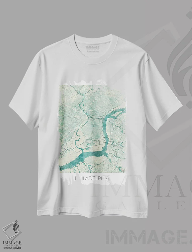 تیشرت سفید طرح دار نقشه شهری آبرنگی آبی قدیمی فیلادلفیا، هنر دیجیتال اثر هوبرت روگوسکی | immage.ir