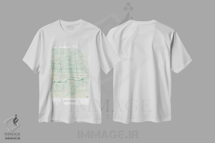 تیشرت سفید طرح دار نقشه طرح شهری قدیمی با آبرنگ آبی فینیکس، هنر دیجیتال اثر هوبرت روگوسکی | فروشگاه ایماژ