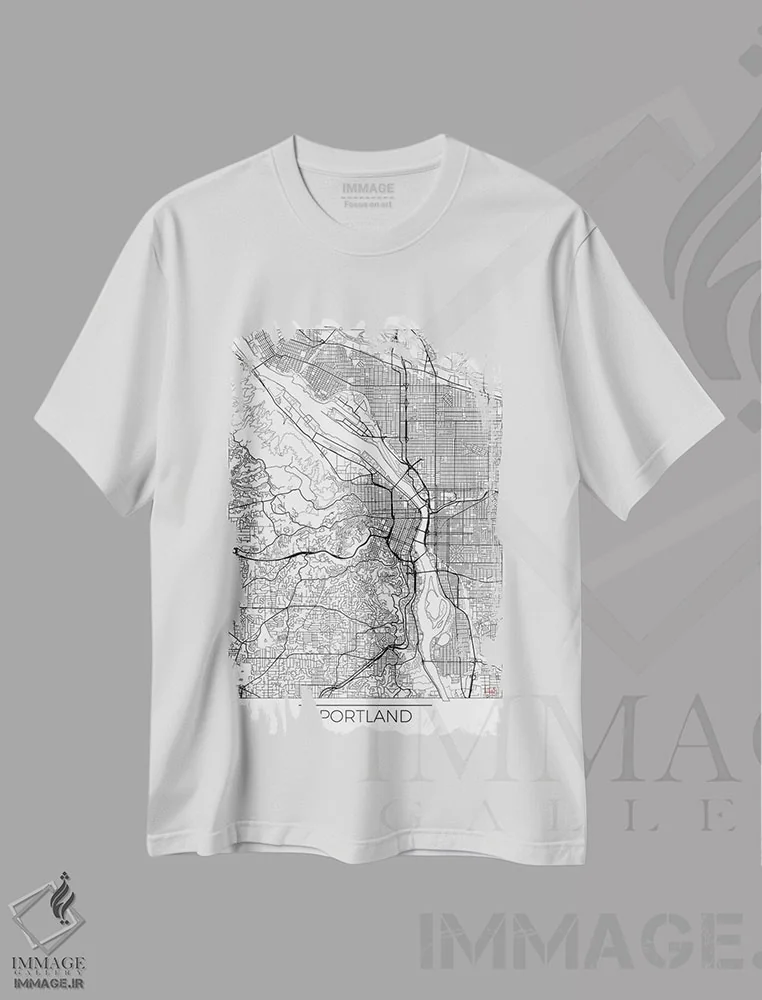 تیشرت سفید طرح دار نقشه طرح شهری مینیمال پورتلند، هنر دیجیتال اثر هوبرت روگوسکی | فروشگاه ایماژ