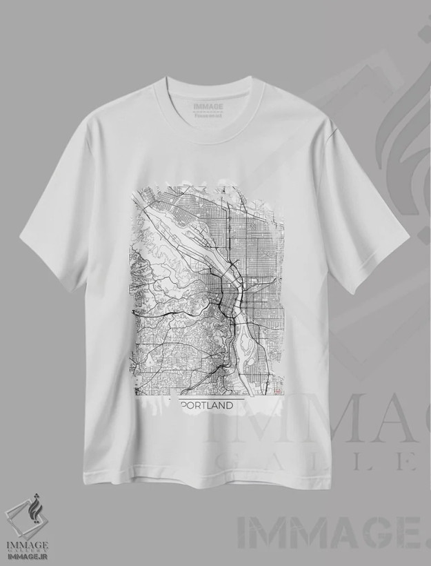 تیشرت سفید طرح دار نقشه طرح شهری مینیمال پورتلند، هنر دیجیتال اثر هوبرت روگوسکی | فروشگاه ایماژ