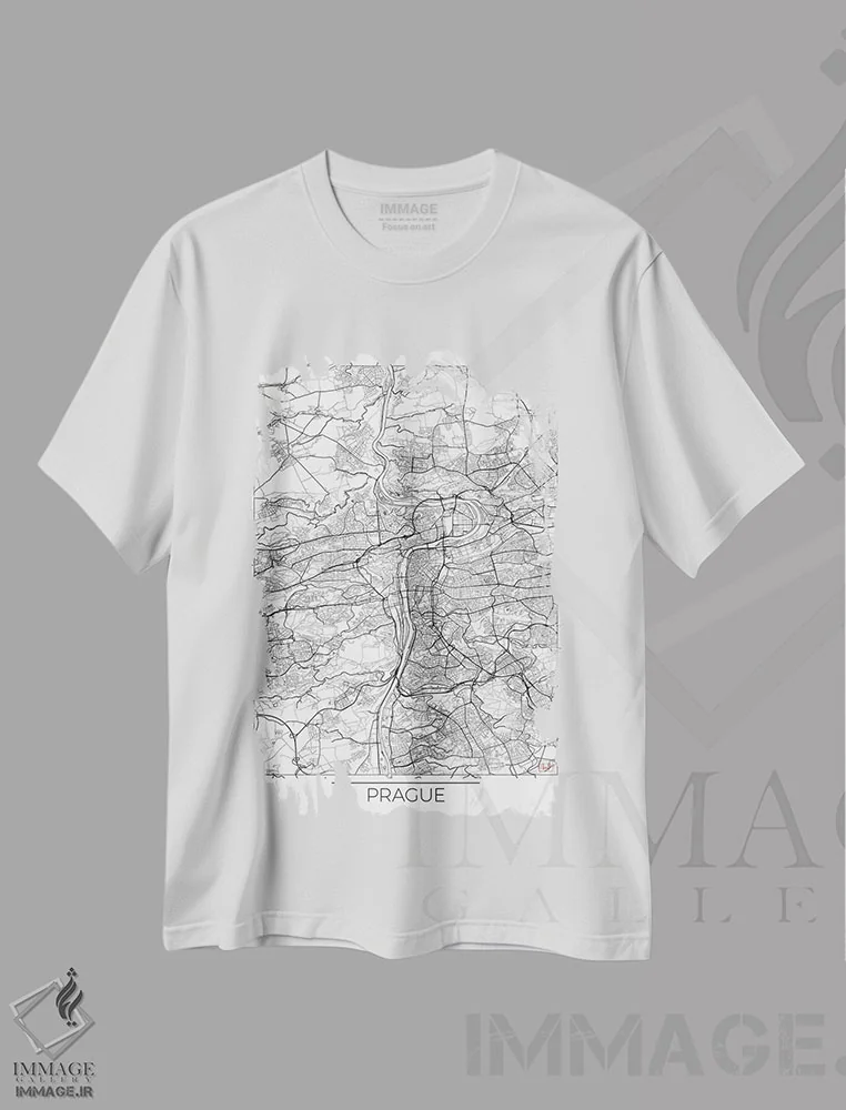 تیشرت سفید طرح دار نقشه طرح شهری مینیمال پراگ، هنر دیجیتال اثر هوبرت روگوسکی | immage.ir