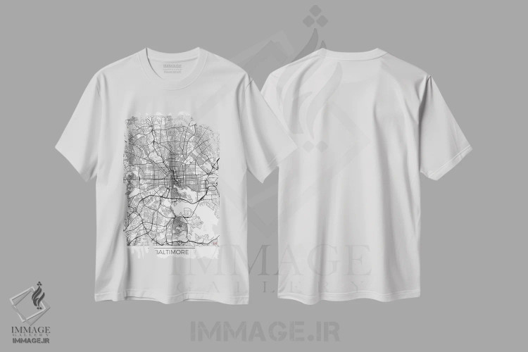 تیشرت سفید طرح دار نقشه طرح شهری مینیمال بالتیمور، هنر دیجیتال اثر هوبرت روگوسکی | فروشگاه ایماژ