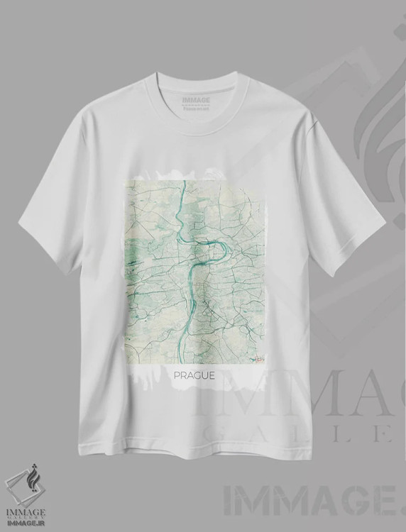 تیشرت سفید طرح دار نقشه طرح شهری قدیمی با آبرنگ آبی پراگ، هنر دیجیتال اثر هوبرت روگوسکی | immage.ir