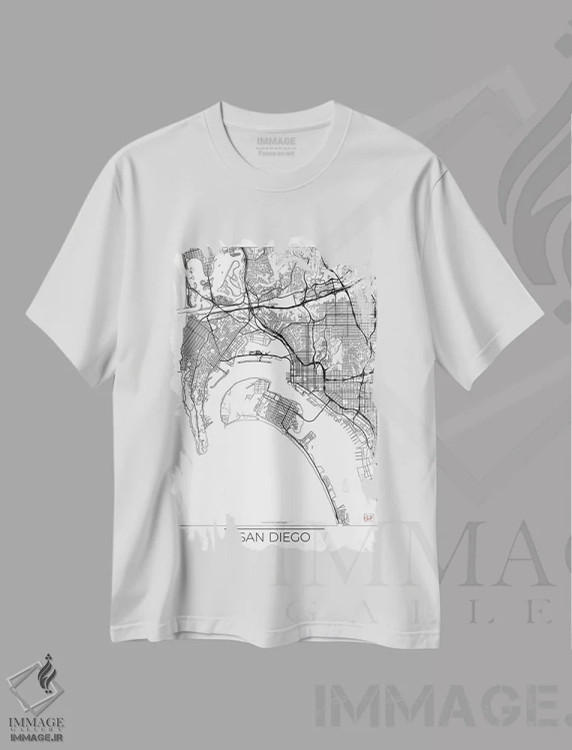 تیشرت سفید طرح دار نقشه طرح شهری مینیمال سن دیگو، هنر دیجیتال اثر هوبرت روگوسکی | فروشگاه ایماژ