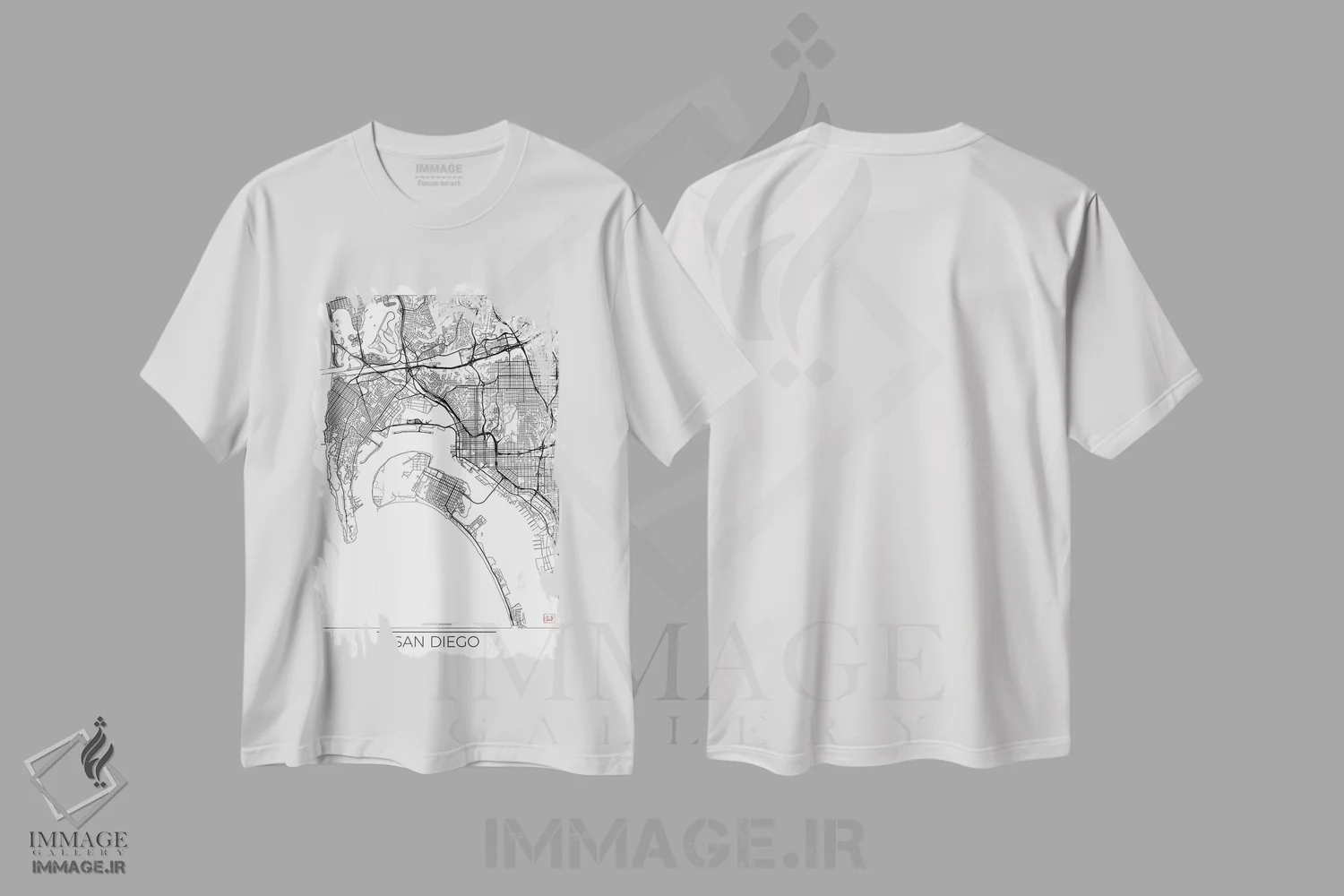تیشرت سفید طرح دار نقشه طرح شهری مینیمال سن دیگو، هنر دیجیتال اثر هوبرت روگوسکی | فروشگاه ایماژ