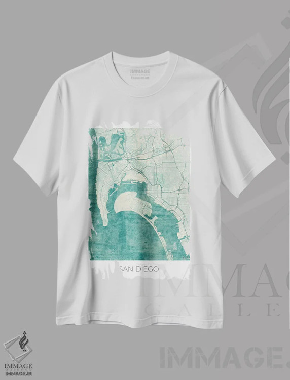 تیشرت سفید طرح دار نقشه طرح شهری قدیمی با آبرنگ آبی سن دیگو، تزئینی اثر هوبرت روگوسکی | فروشگاه ایماژ