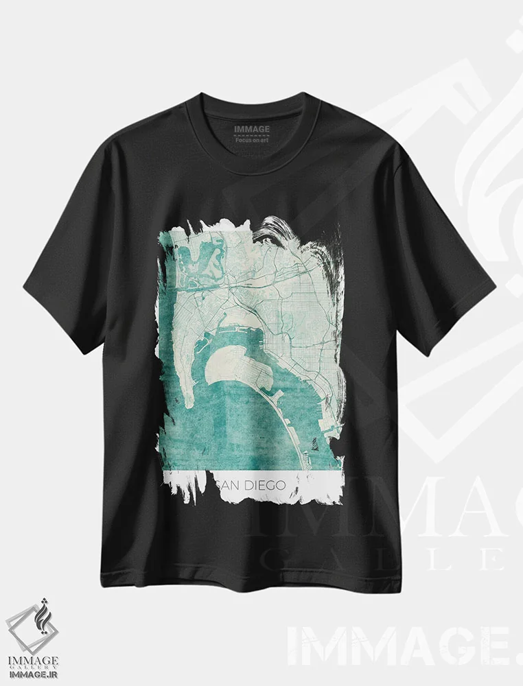تیشرت مشکی طرح دار نقشه طرح شهری قدیمی با آبرنگ آبی سن دیگو، تزئینی اثر هوبرت روگوسکی | immage.ir