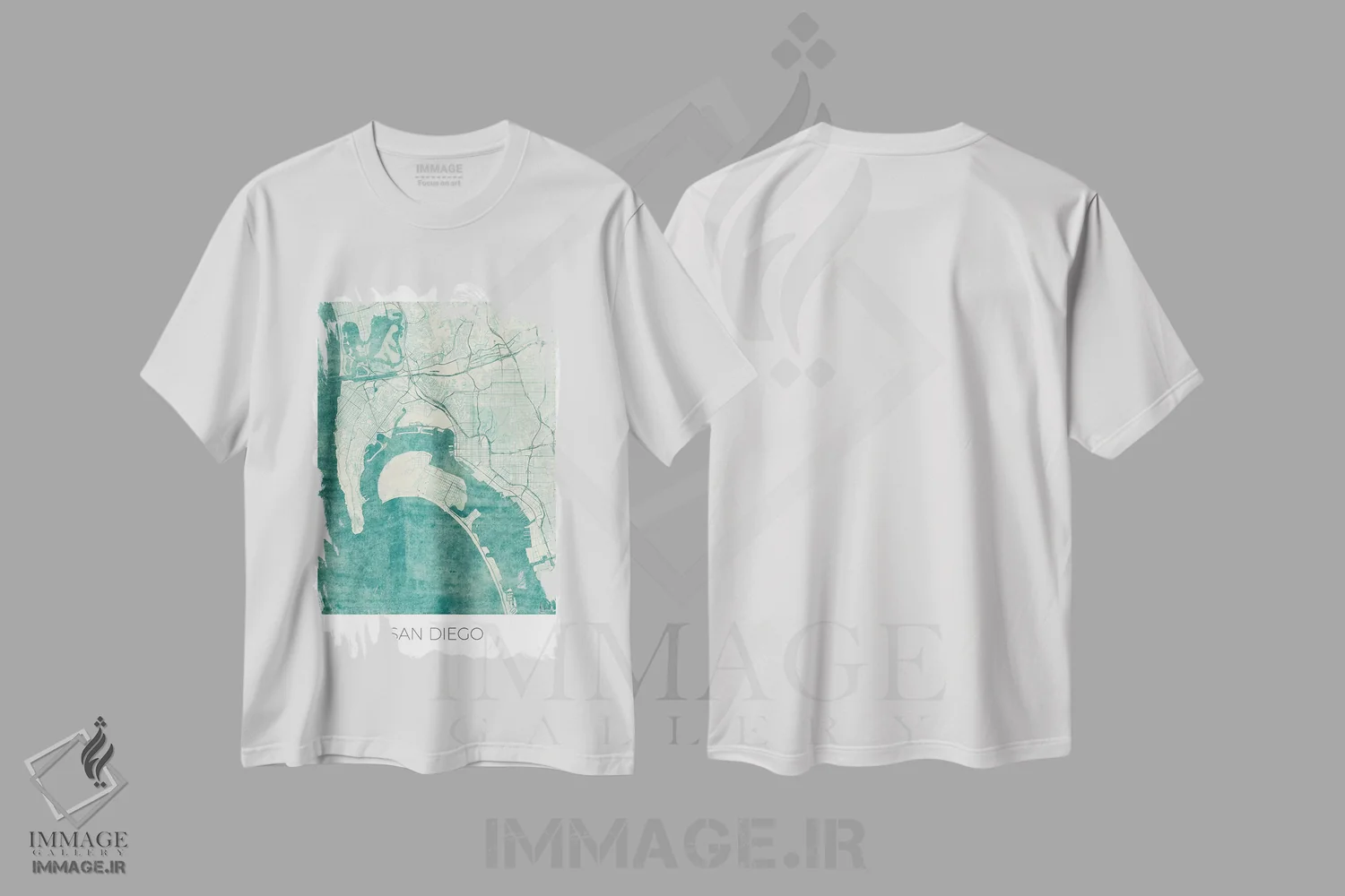تیشرت سفید طرح دار نقشه طرح شهری قدیمی با آبرنگ آبی سن دیگو، تزئینی اثر هوبرت روگوسکی | فروشگاه ایماژ