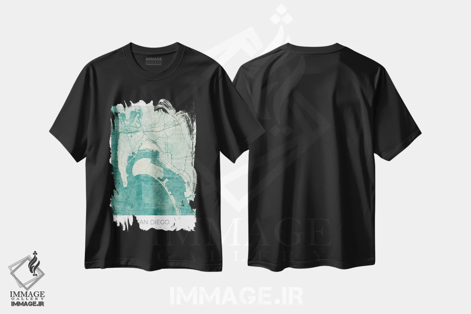 تیشرت مشکی طرح دار نقشه طرح شهری قدیمی با آبرنگ آبی سن دیگو، تزئینی اثر هوبرت روگوسکی | immage.ir