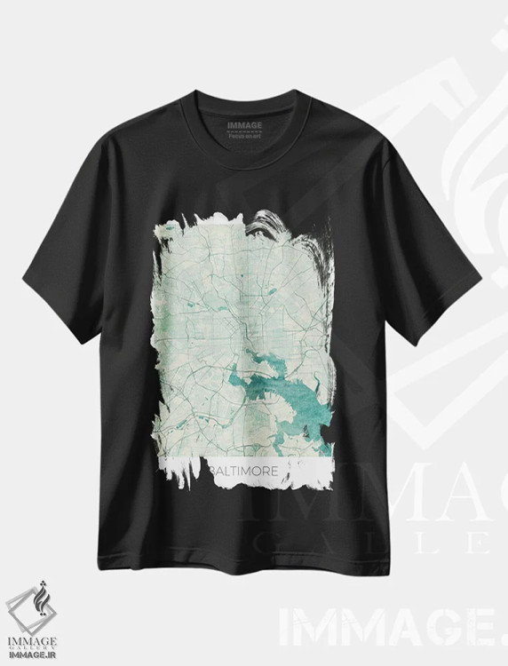 تیشرت مشکی طرح دار نقشه طرح شهری قدیمی با آبرنگ آبی بالتیمور، هنر دیجیتال اثر هوبرت روگوسکی | فروشگاه ایماژ