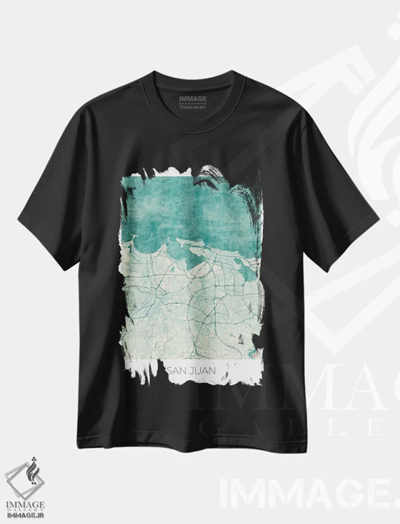 تیشرت مشکی طرح دار نقشه طرح شهری قدیمی با آبرنگ آبی سن خوآن، هنر دیجیتال اثر هوبرت روگوسکی | immage.ir