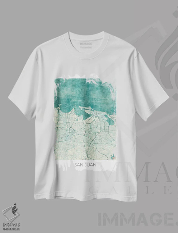 تیشرت سفید طرح دار نقشه طرح شهری قدیمی با آبرنگ آبی سن خوآن، هنر دیجیتال اثر هوبرت روگوسکی | فروشگاه ایماژ