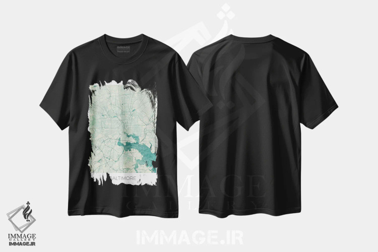 تیشرت مشکی طرح دار نقشه طرح شهری قدیمی با آبرنگ آبی بالتیمور، هنر دیجیتال اثر هوبرت روگوسکی | فروشگاه ایماژ