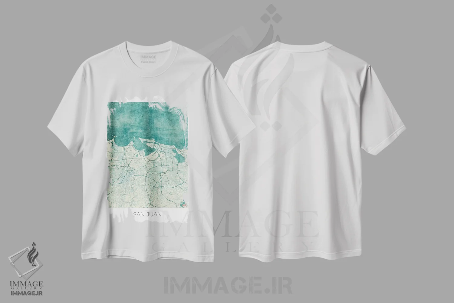 تیشرت سفید طرح دار نقشه طرح شهری قدیمی با آبرنگ آبی سن خوآن، هنر دیجیتال اثر هوبرت روگوسکی | فروشگاه ایماژ