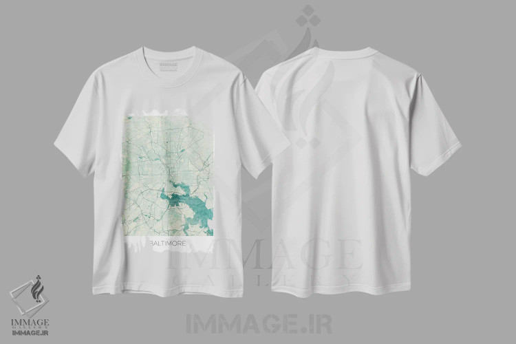 تیشرت سفید طرح دار نقشه طرح شهری قدیمی با آبرنگ آبی بالتیمور، هنر دیجیتال اثر هوبرت روگوسکی | immage.ir