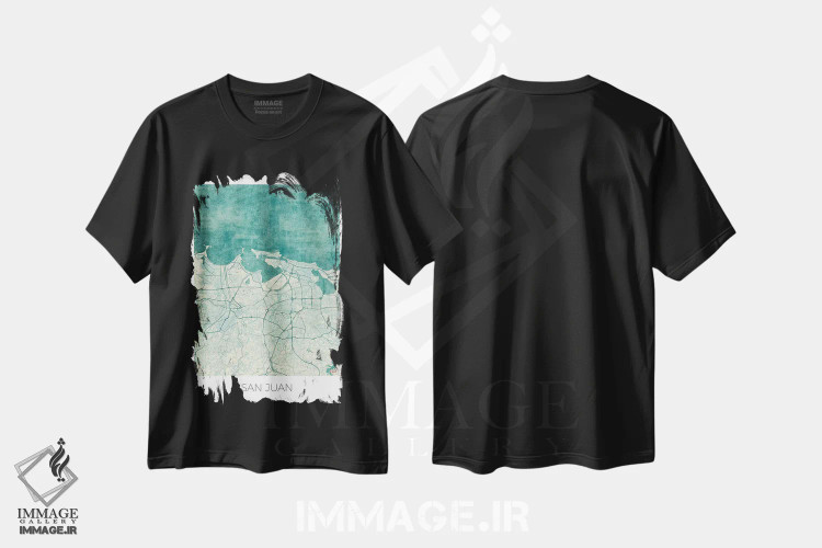تیشرت مشکی طرح دار نقشه طرح شهری قدیمی با آبرنگ آبی سن خوآن، هنر دیجیتال اثر هوبرت روگوسکی | immage.ir
