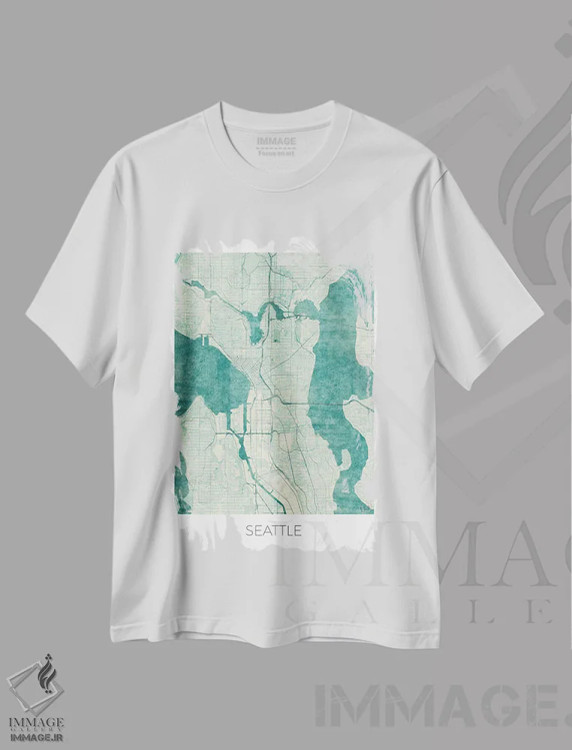 تیشرت سفید طرح دار نقشه طرح شهری قدیمی با آبرنگ آبی سیاتل، هنر دیجیتال اثر هوبرت روگوسکی | فروشگاه ایماژ