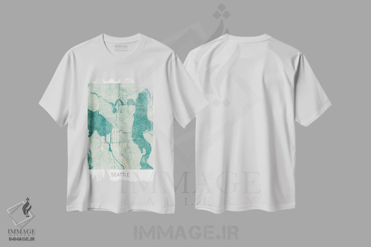 تیشرت سفید طرح دار نقشه طرح شهری قدیمی با آبرنگ آبی سیاتل، هنر دیجیتال اثر هوبرت روگوسکی | فروشگاه ایماژ
