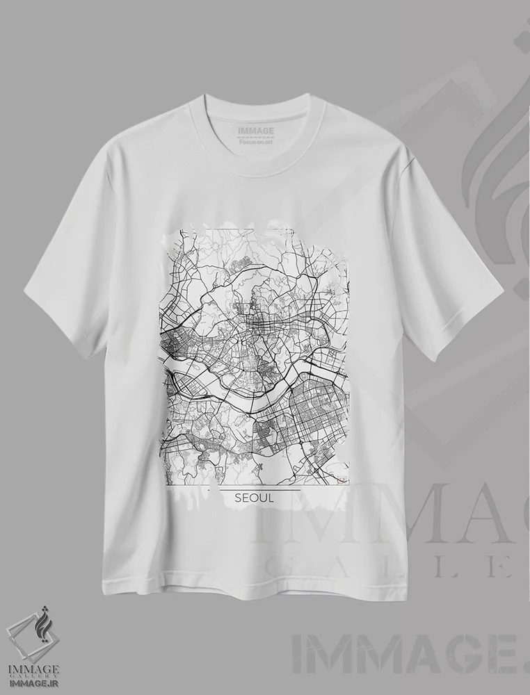 تیشرت سفید طرح دار نقشه طرح شهری مینیمال سئول، هنر دیجیتال اثر هوبرت روگوسکی | immage.ir