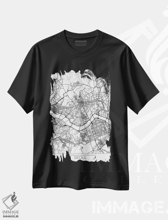 تیشرت مشکی طرح دار نقشه طرح شهری مینیمال سئول، هنر دیجیتال اثر هوبرت روگوسکی | فروشگاه ایماژ