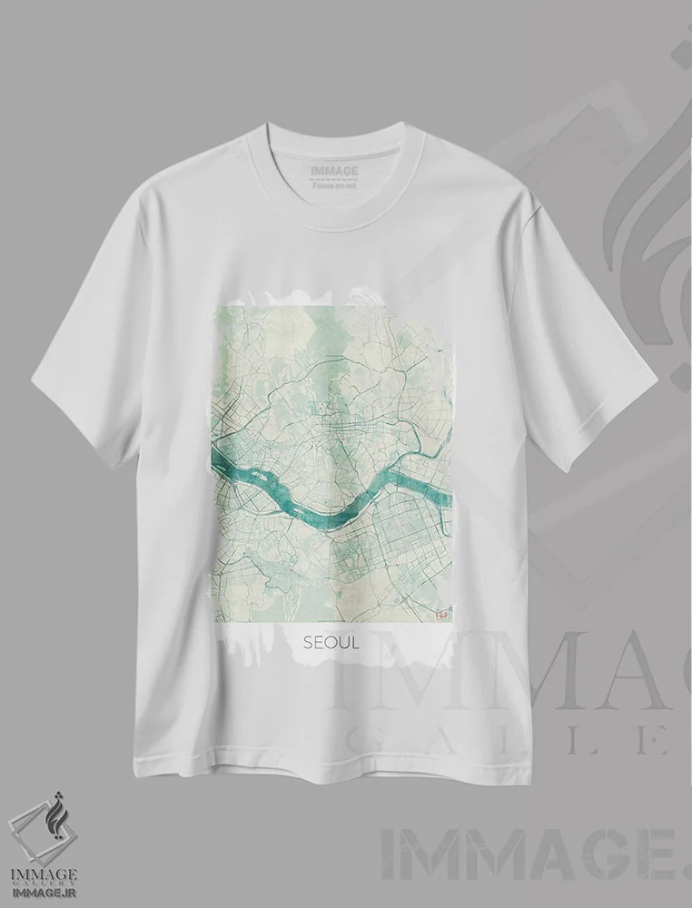 تیشرت سفید طرح دار نقشه طرح شهری قدیمی با آبرنگ آبی سئول، هنر دیجیتال اثر هوبرت روگوسکی | immage.ir