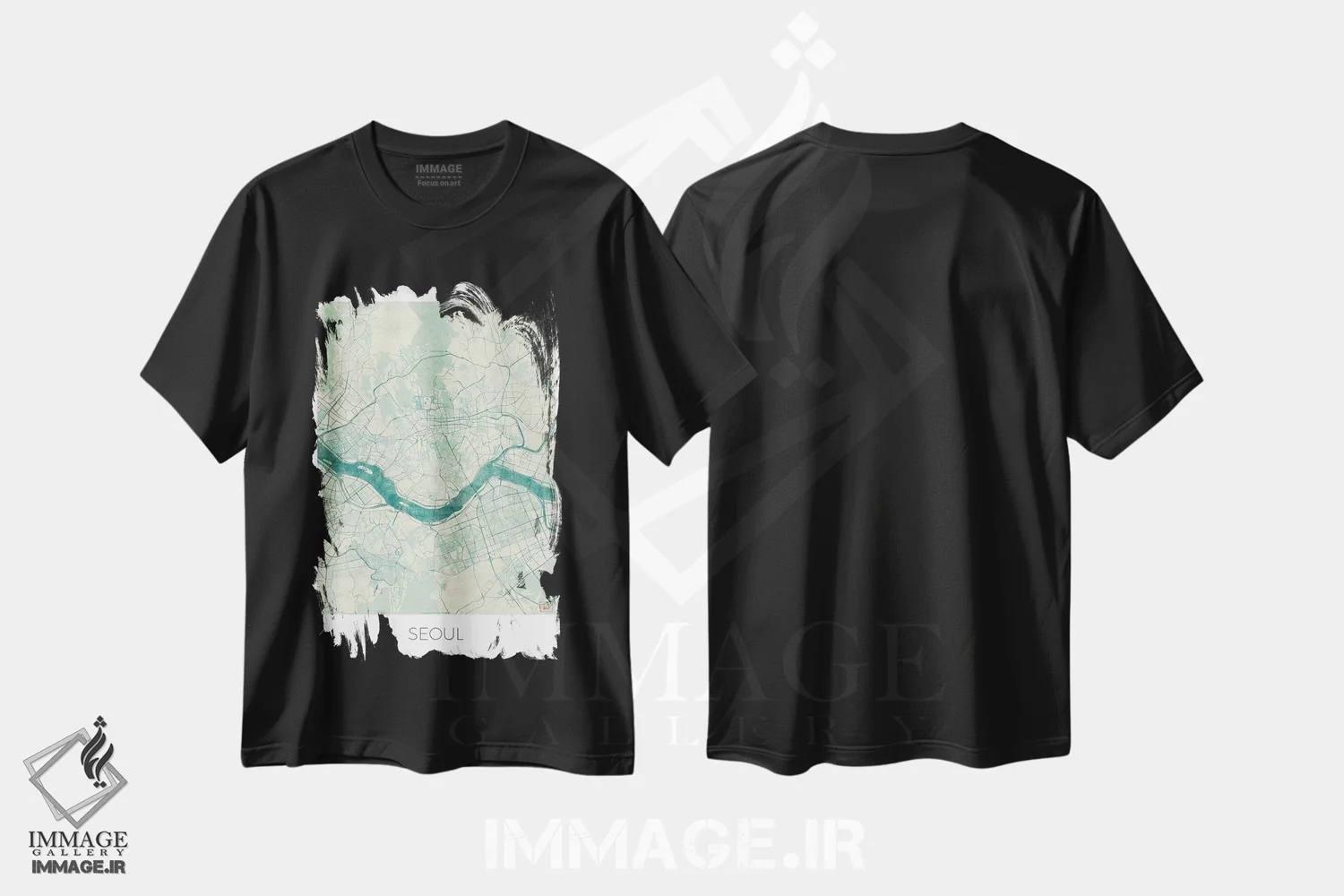 تیشرت مشکی طرح دار نقشه طرح شهری قدیمی با آبرنگ آبی سئول، هنر دیجیتال اثر هوبرت روگوسکی | فروشگاه ایماژ