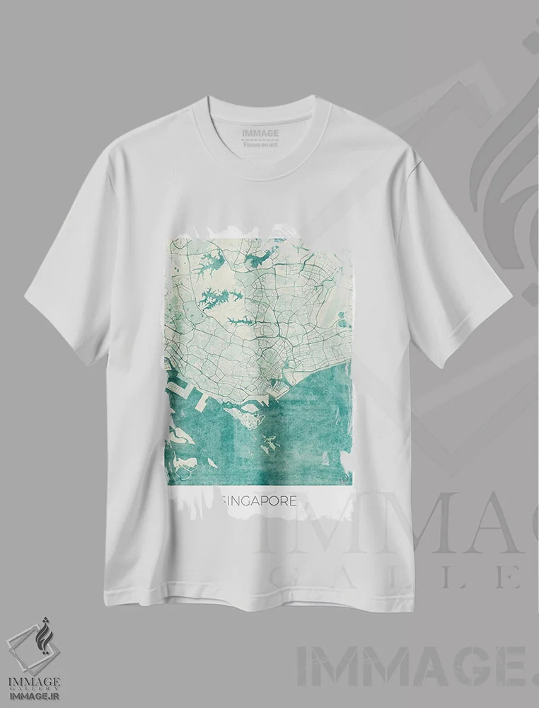 تیشرت سفید طرح دار نقشه طرح شهری قدیمی با آبرنگ آبی سنگاپور، هنر دیجیتال اثر هوبرت روگوسکی | immage.ir