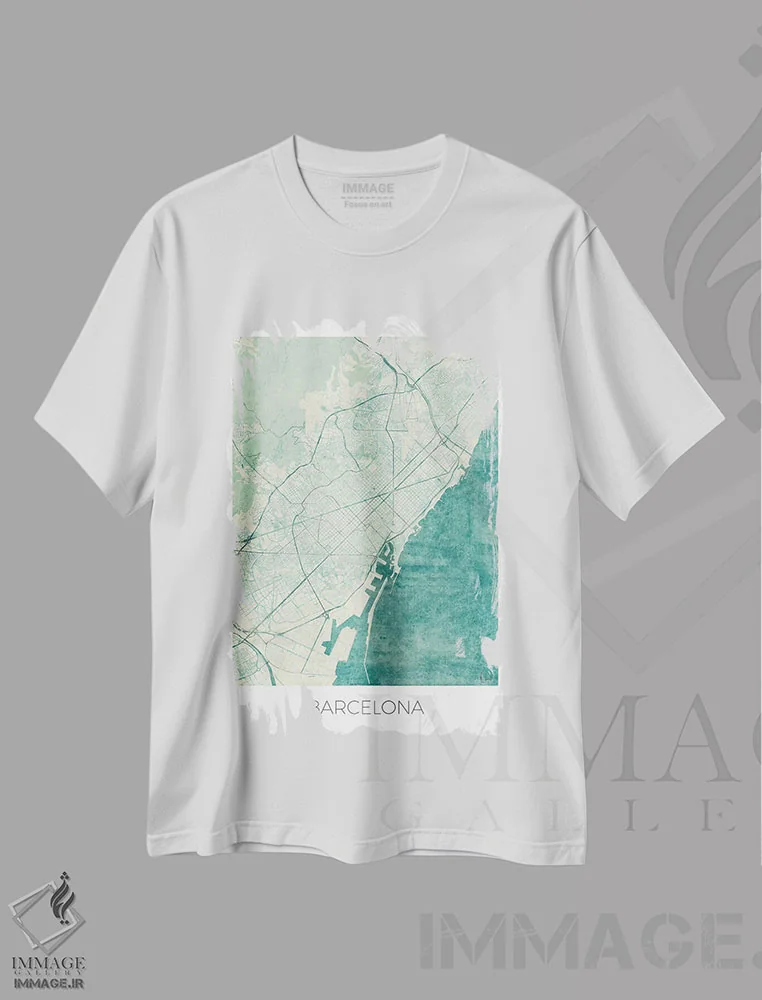 تیشرت سفید طرح دار نقشه طرح شهری قدیمی با آبرنگ آبی بارسلونا، هنر دیجیتال اثر هوبرت روگوسکی | فروشگاه ایماژ