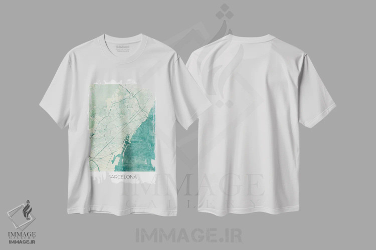 تیشرت سفید طرح دار نقشه طرح شهری قدیمی با آبرنگ آبی بارسلونا، هنر دیجیتال اثر هوبرت روگوسکی | فروشگاه ایماژ