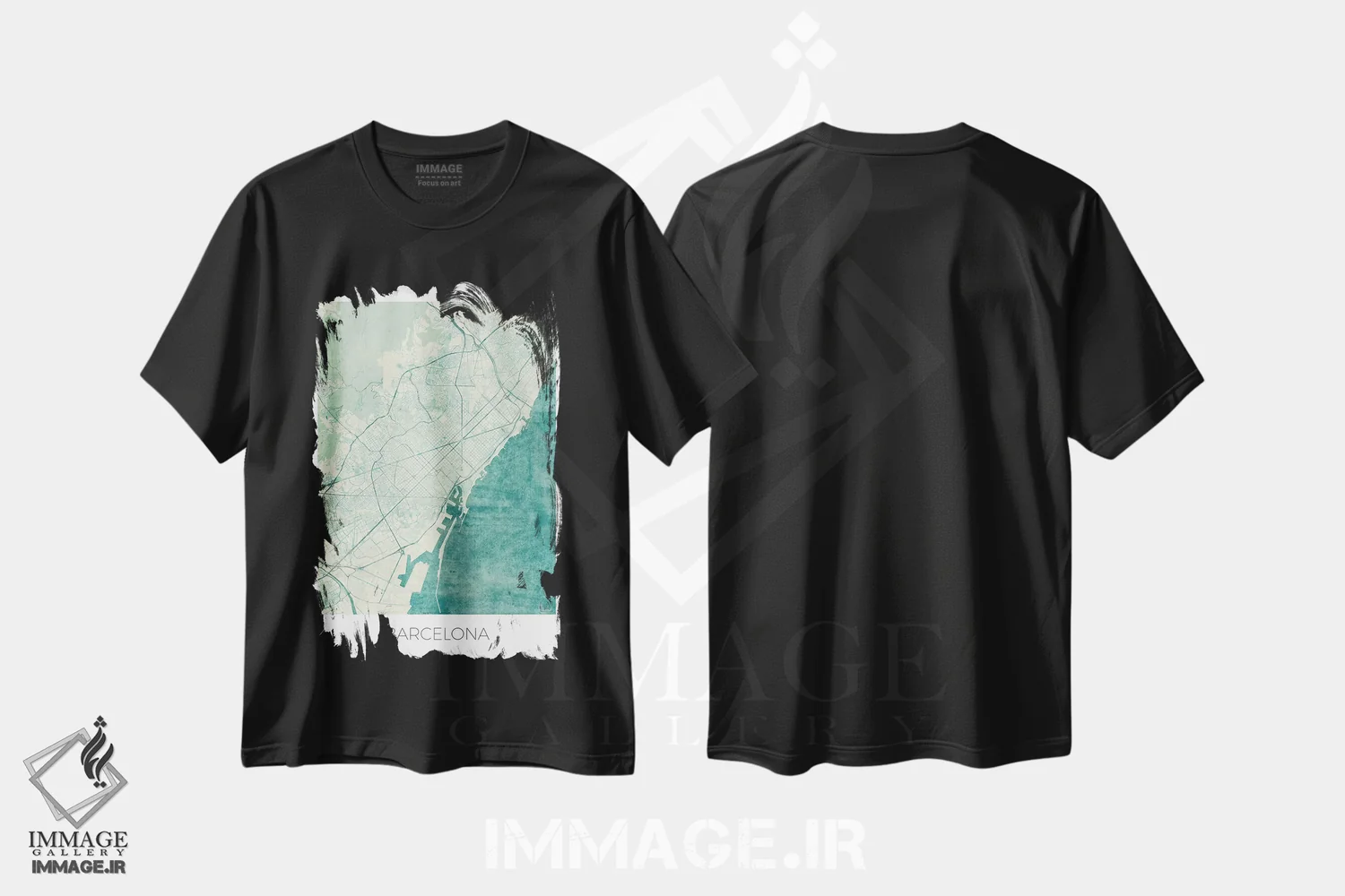 تیشرت مشکی طرح دار نقشه طرح شهری قدیمی با آبرنگ آبی بارسلونا، هنر دیجیتال اثر هوبرت روگوسکی | immage.ir