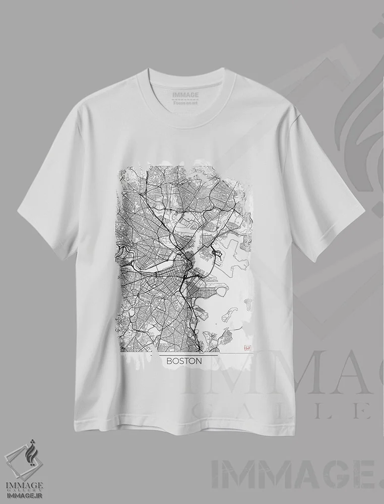 تیشرت سفید طرح دار نقشه طرح شهری مینیمال بوستون، هنر دیجیتال اثر هوبرت روگوسکی | فروشگاه ایماژ