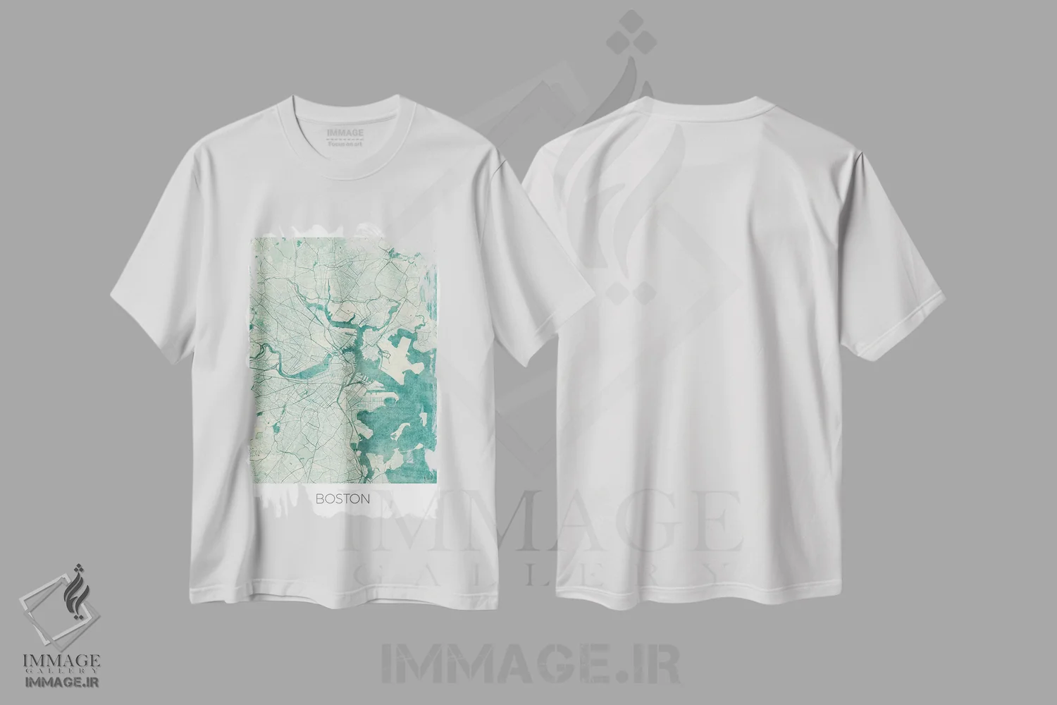 تیشرت سفید طرح دار نقشه طرح شهری قدیمی با آبرنگ آبی بوستون، هنر دیجیتال اثر هوبرت روگوسکی | فروشگاه ایماژ