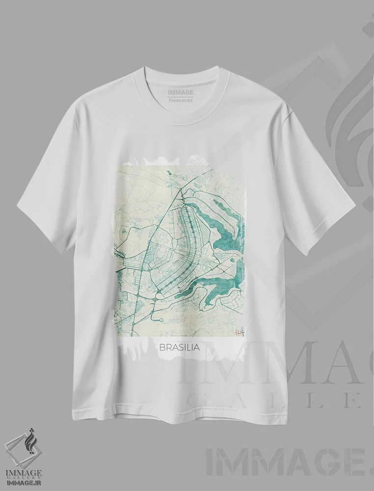 تیشرت سفید طرح دار نقشه طرح شهری قدیمی با آبرنگ آبی برازیلیا، هنر دیجیتال اثر هوبرت روگوسکی | فروشگاه ایماژ