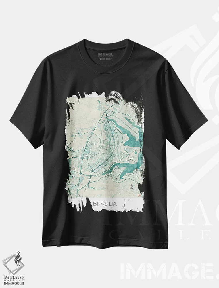 تیشرت مشکی طرح دار نقشه طرح شهری قدیمی با آبرنگ آبی برازیلیا، هنر دیجیتال اثر هوبرت روگوسکی | immage.ir