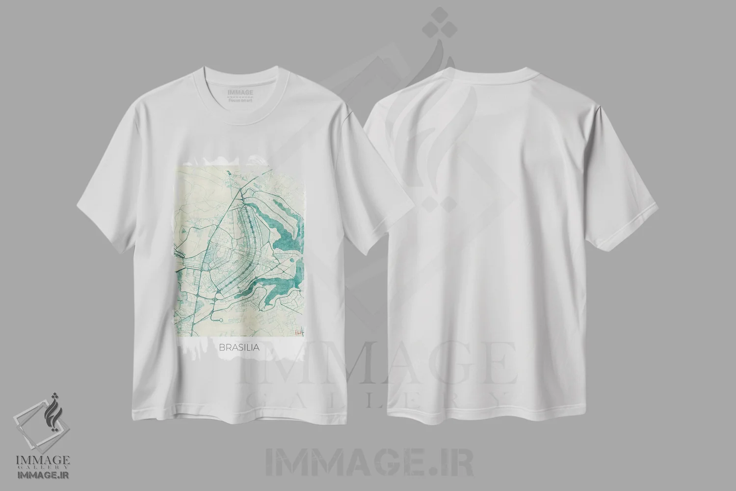 تیشرت سفید طرح دار نقشه طرح شهری قدیمی با آبرنگ آبی برازیلیا، هنر دیجیتال اثر هوبرت روگوسکی | فروشگاه ایماژ