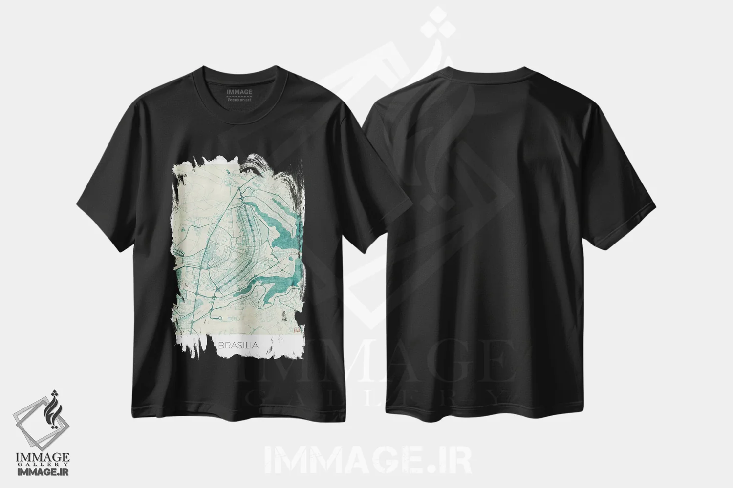 تیشرت مشکی طرح دار نقشه طرح شهری قدیمی با آبرنگ آبی برازیلیا، هنر دیجیتال اثر هوبرت روگوسکی | immage.ir