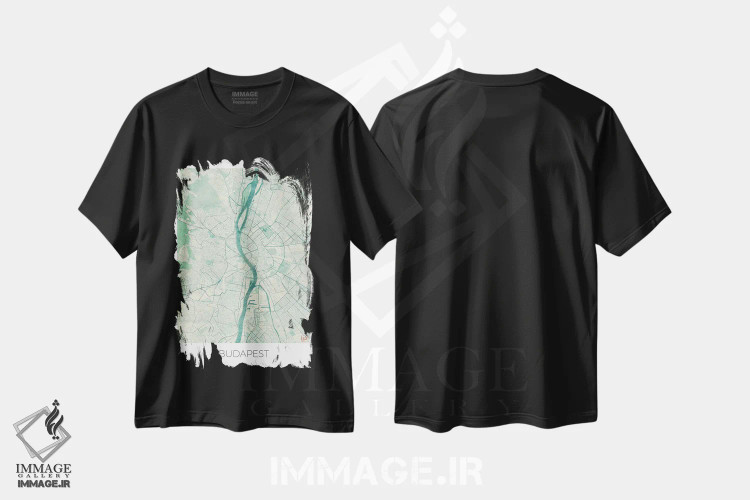 تیشرت مشکی طرح دار نقشه طرح شهری قدیمی با آبرنگ آبی بوداپست، هنر دیجیتال اثر هوبرت روگوسکی | فروشگاه ایماژ