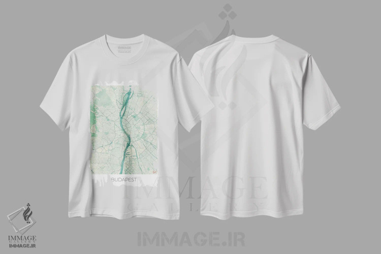 تیشرت سفید طرح دار نقشه طرح شهری قدیمی با آبرنگ آبی بوداپست، هنر دیجیتال اثر هوبرت روگوسکی | immage.ir