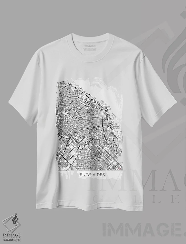 تیشرت سفید طرح دار نقشه طرح شهری مینیمال بوئنوس آیرس، هنر دیجیتال اثر هوبرت روگوسکی | فروشگاه ایماژ