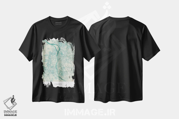 تیشرت مشکی طرح دار نقشه طرح شهری قدیمی با آبرنگ آبی قاهره، هنر دیجیتال اثر هوبرت روگوسکی | فروشگاه ایماژ