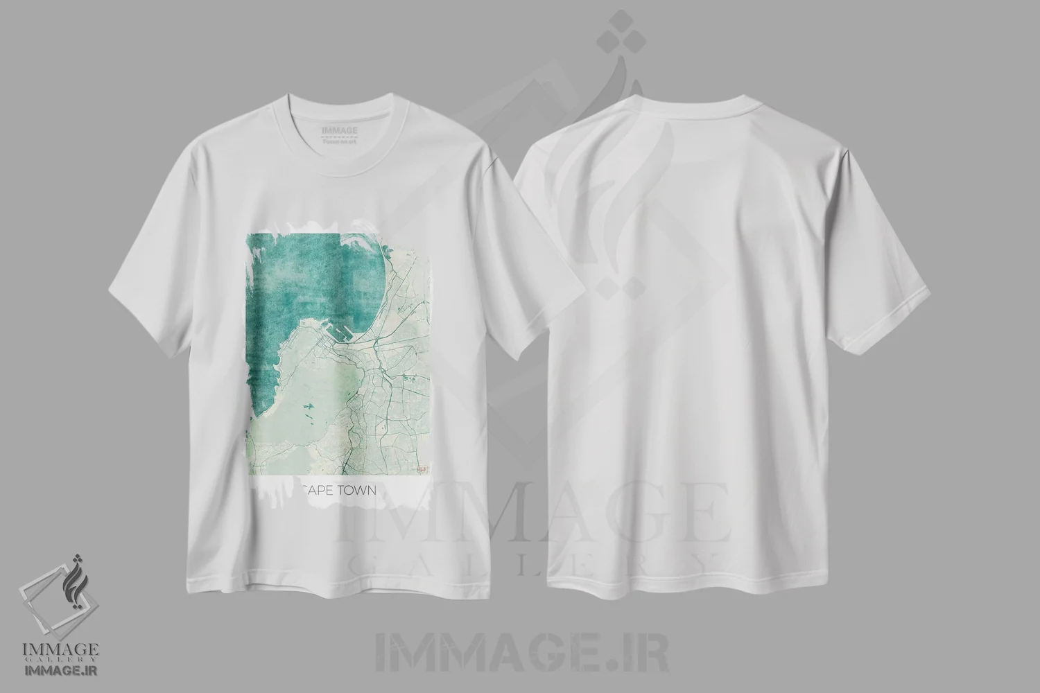 تیشرت سفید طرح دار نقشه طرح شهری قدیمی با آبرنگ آبی کیپ تاون، هنر دیجیتال اثر هوبرت روگوسکی | فروشگاه ایماژ