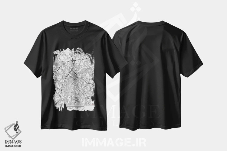 تیشرت مشکی طرح دار نقشه طرح شهری مینیمال شارلوت، هنر دیجیتال اثر هوبرت روگوسکی | فروشگاه ایماژ