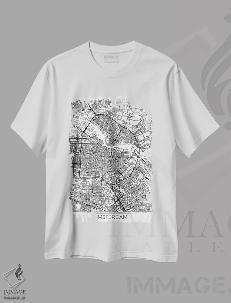 تیشرت سفید طرح دار نقشه طرح شهری مینیمال آمستردام، هنر دیجیتال اثر هوبرت روگوسکی | immage.ir