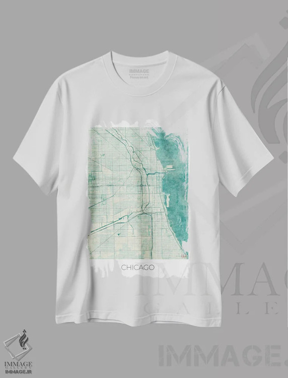 تیشرت سفید طرح دار نقشه طرح شهری آبرنگی آبی قدیمی شیکاگو، تزئینی اثر هوبرت روگوسکی | فروشگاه ایماژ