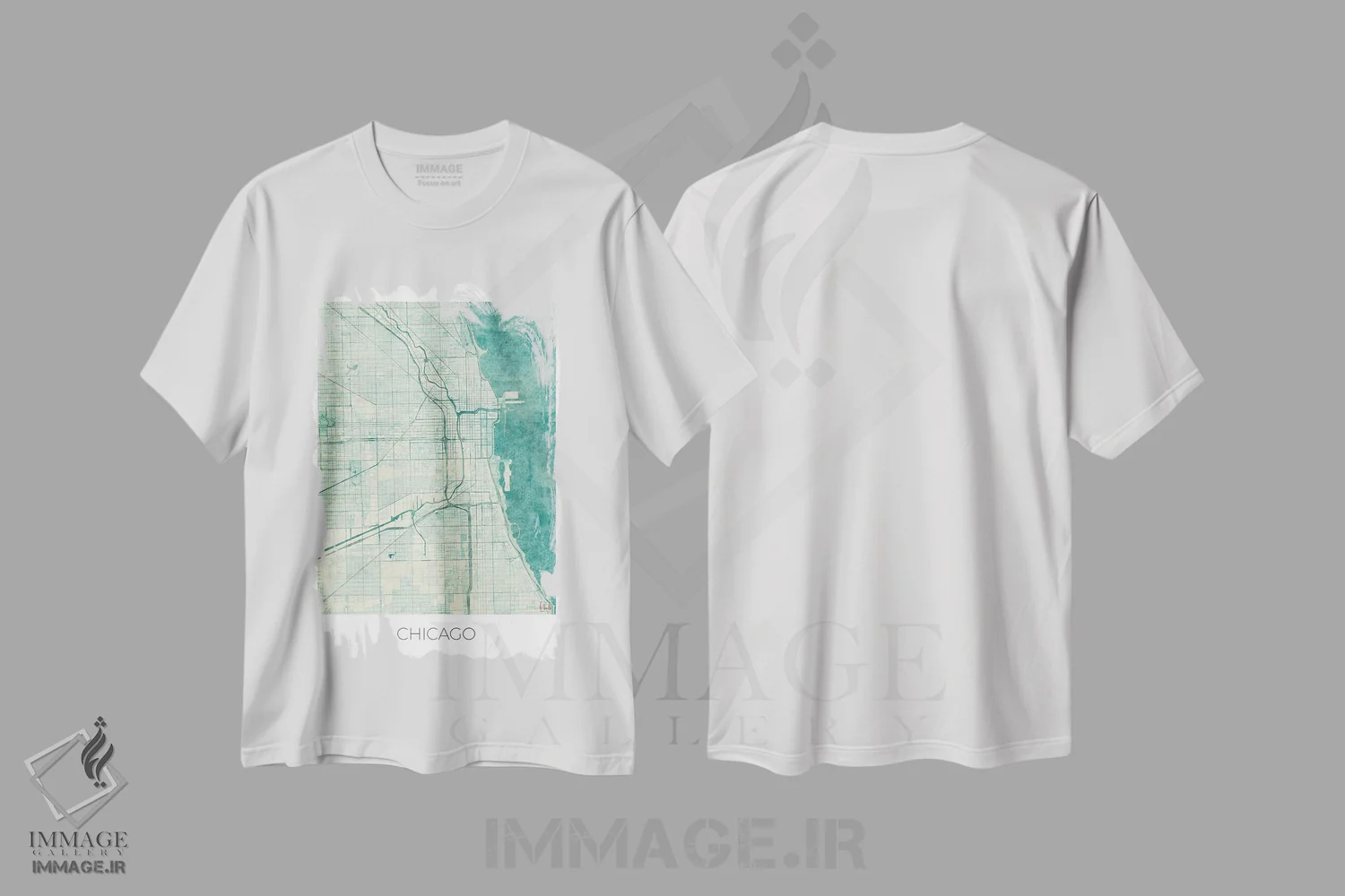 تیشرت سفید طرح دار نقشه طرح شهری آبرنگی آبی قدیمی شیکاگو، تزئینی اثر هوبرت روگوسکی | فروشگاه ایماژ
