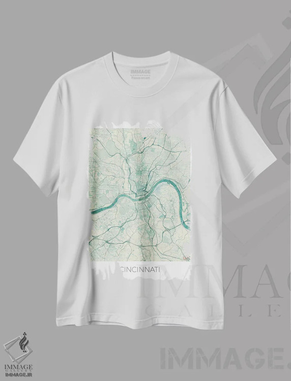 تیشرت سفید طرح دار نقشه طرح شهری آبرنگی آبی قدیمی سینسیناتی، هنر دیجیتال اثر هوبرت روگوسکی | immage.ir