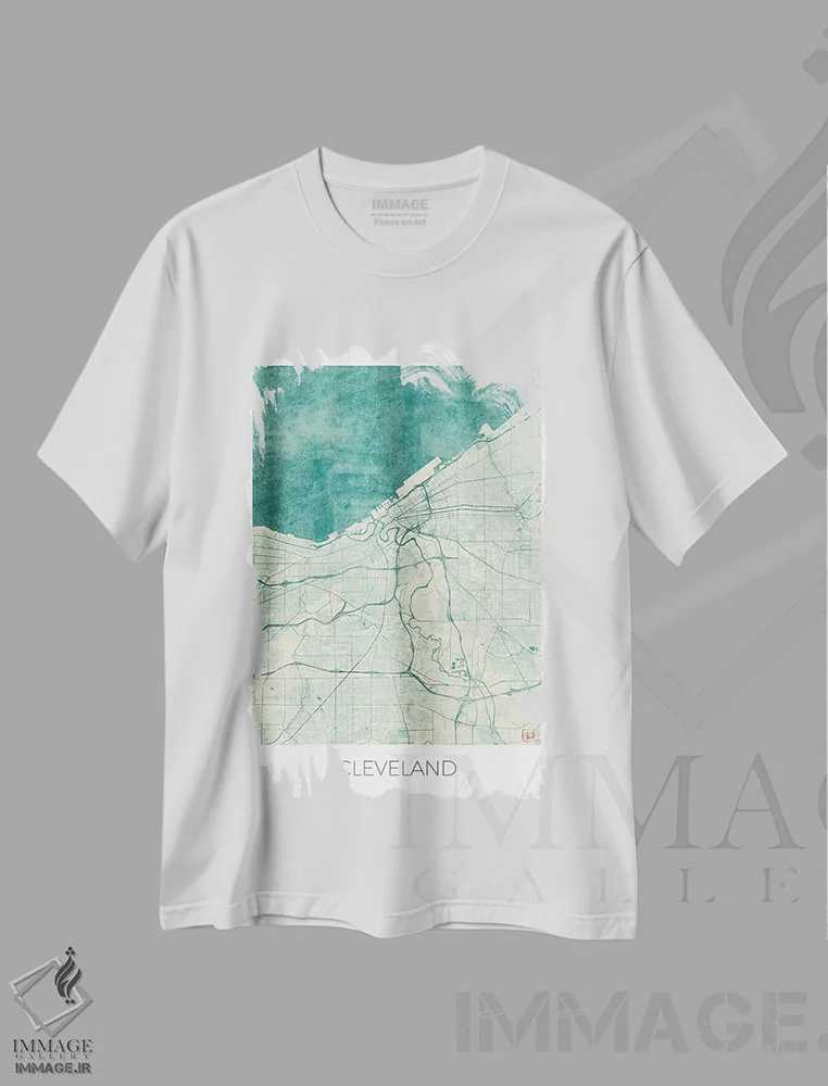 تیشرت سفید طرح دار نقشه طرح شهری آبرنگی آبی قدیمی کلیولند، هنر دیجیتال اثر هوبرت روگوسکی | فروشگاه ایماژ