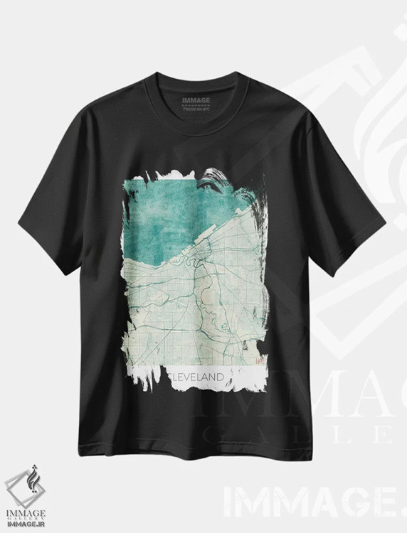 تیشرت مشکی طرح دار نقشه طرح شهری آبرنگی آبی قدیمی کلیولند، هنر دیجیتال اثر هوبرت روگوسکی | immage.ir